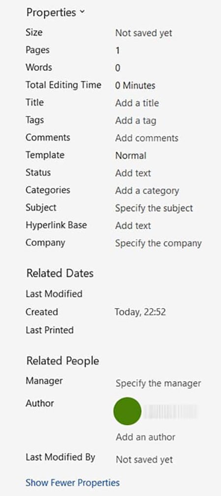 مشاهده Properties در بخش Info برای ویرایش دستی پاک کردن اطلاعات شخصی در Word, چگونه metadata را از Word حذف کنیم