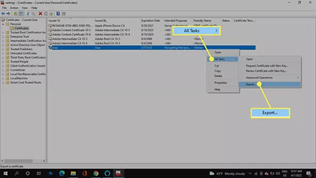 All Tasks > Export در Windows Certificate Manager نرم افزار قفل پوشه در ویندوز 10, قفل كردن پوشه در كامپيوتر