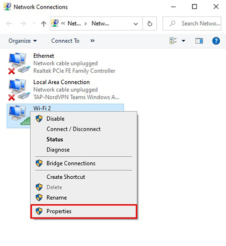 گزینه Properties را انتخاب کنید خطای DNS Server is Not Responding, رفع مشکل dns, گزینه Properties را انتخاب کنید