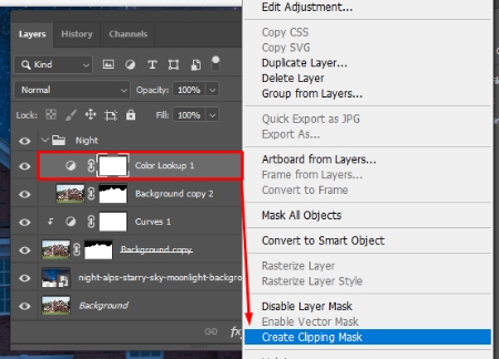 گزینه Create clipping mask را انتخاب کنید تبدیل روز به شب در فتوشاپ, تبدیل آسمان روز به شب در فتوشاپ, گزینه Create clipping mask را انتخاب کنید