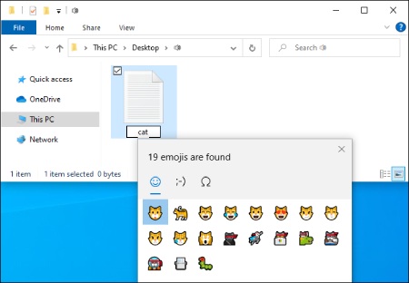 جستجوی ایموجی گربه در ویندوز 10 نحوه برخورد با ایموجی ها در Windows PowerShell و Command Prompt, پشتیبانی از نام فایل های ایموجی, استفاده از ایموجی برای نام فایل