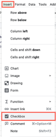 روی Insert در Checkbox کلیک کنید ایجاد چک لیست در گوگل شیت, آموزش ساخت چک لیست در گوگل شیت