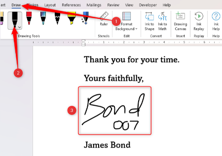 یک سند Word حاوی امضای جیمز باند اضافه کردن امضا به ورد, اضافه کردن امضا در Microsoft Word